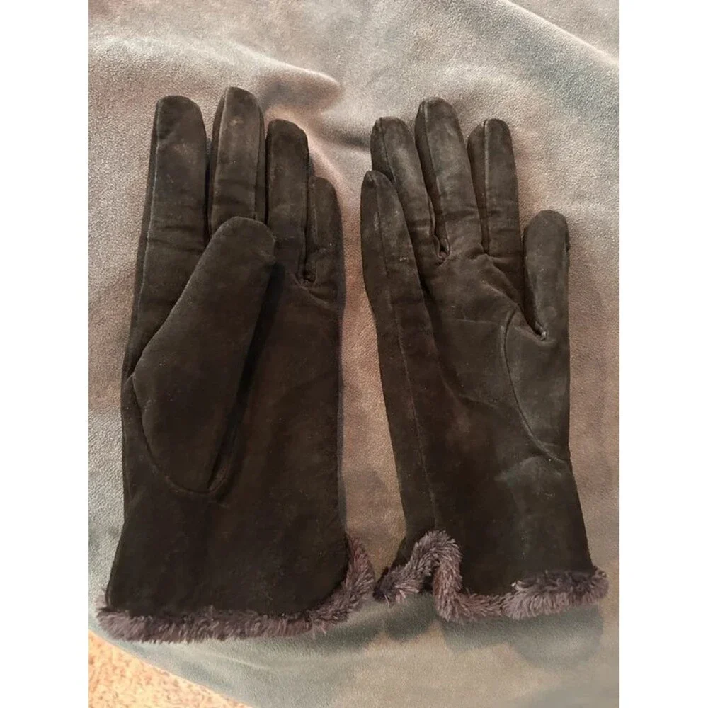 Lot of 2 Pairs Women's Black Winter Gloves Genuine Suede Leather Fur Trim Velvet